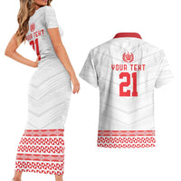 Custom Mate Ma'a Tonga Heritage Couples Matching Short Sleeve Bodycon Dress and Hawaiian Shirt Pacific Tribal Rugby White Edition - Polynesian Pride