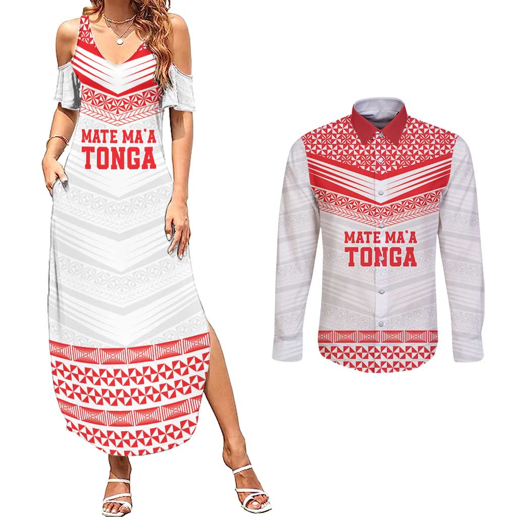 Custom Mate Ma'a Tonga Heritage Couples Matching Summer Maxi Dress and Long Sleeve Button Shirt Pacific Tribal Rugby White Edition - Polynesian Pride