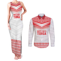 Custom Mate Ma'a Tonga Heritage Couples Matching Tank Maxi Dress and Long Sleeve Button Shirt Pacific Tribal Rugby White Edition - Polynesian Pride