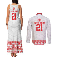 Custom Mate Ma'a Tonga Heritage Couples Matching Tank Maxi Dress and Long Sleeve Button Shirt Pacific Tribal Rugby White Edition - Polynesian Pride
