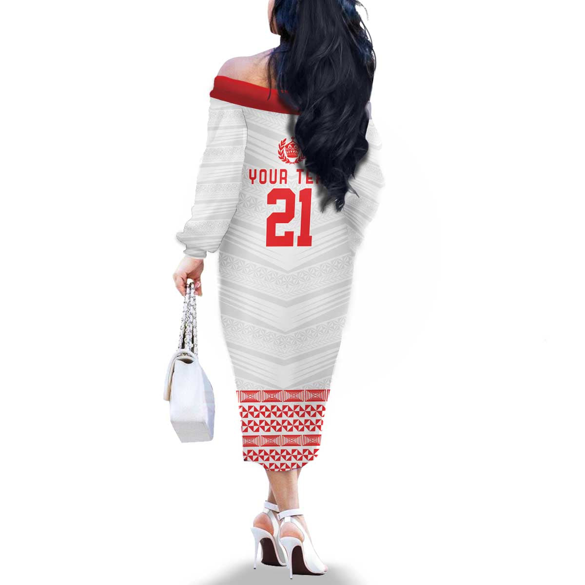Custom Mate Ma'a Tonga Heritage Family Matching Off The Shoulder Long Sleeve Dress and Hawaiian Shirt Pacific Tribal Rugby White Edition - Polynesian Pride