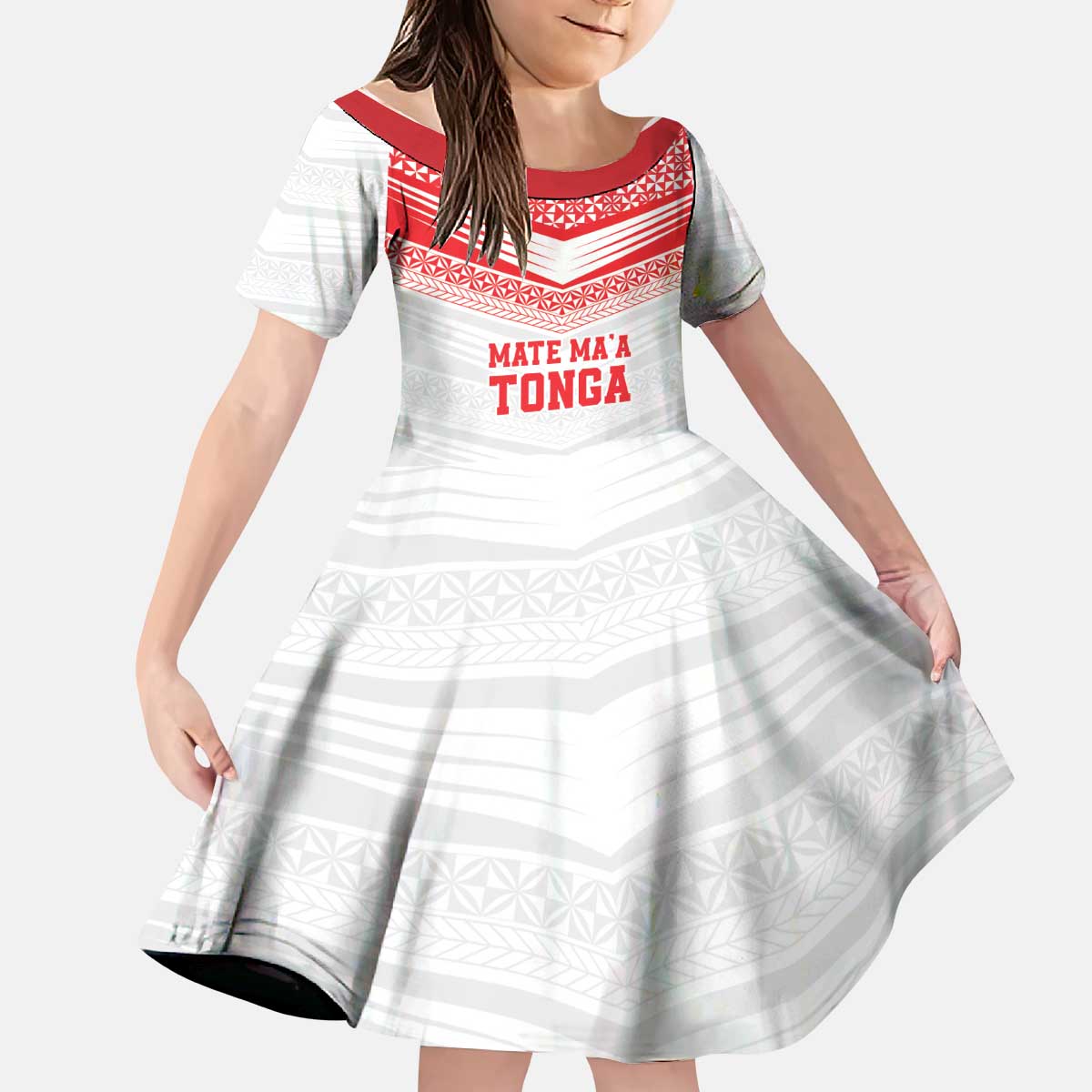 Custom Mate Ma'a Tonga Heritage Kid Short Sleeve Dress Pacific Tribal Rugby White Edition - Polynesian Pride