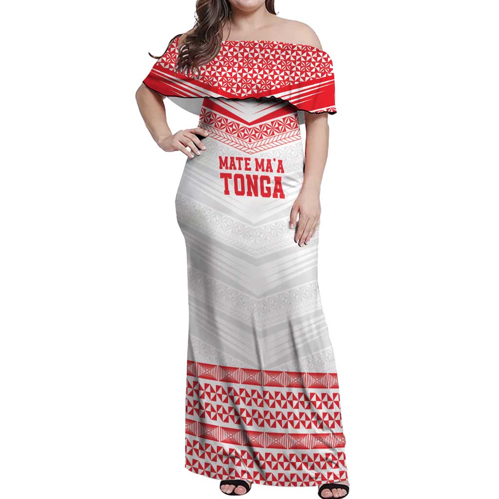 Custom Mate Ma'a Tonga Heritage Off Shoulder Maxi Dress Pacific Tribal Rugby White Edition - Polynesian Pride