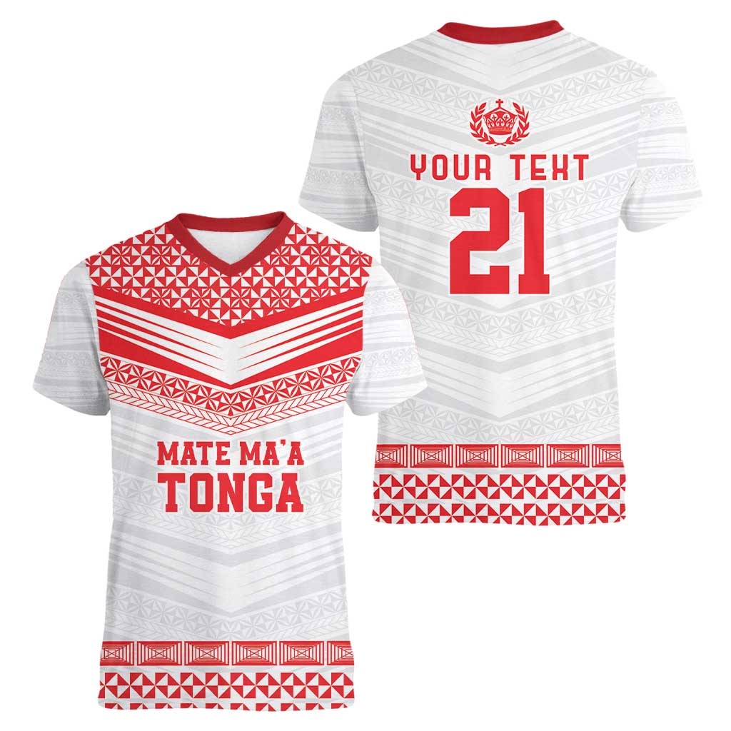 Custom Mate Ma'a Tonga Heritage Women V-Neck T-Shirt Pacific Tribal Rugby White Edition - Polynesian Pride
