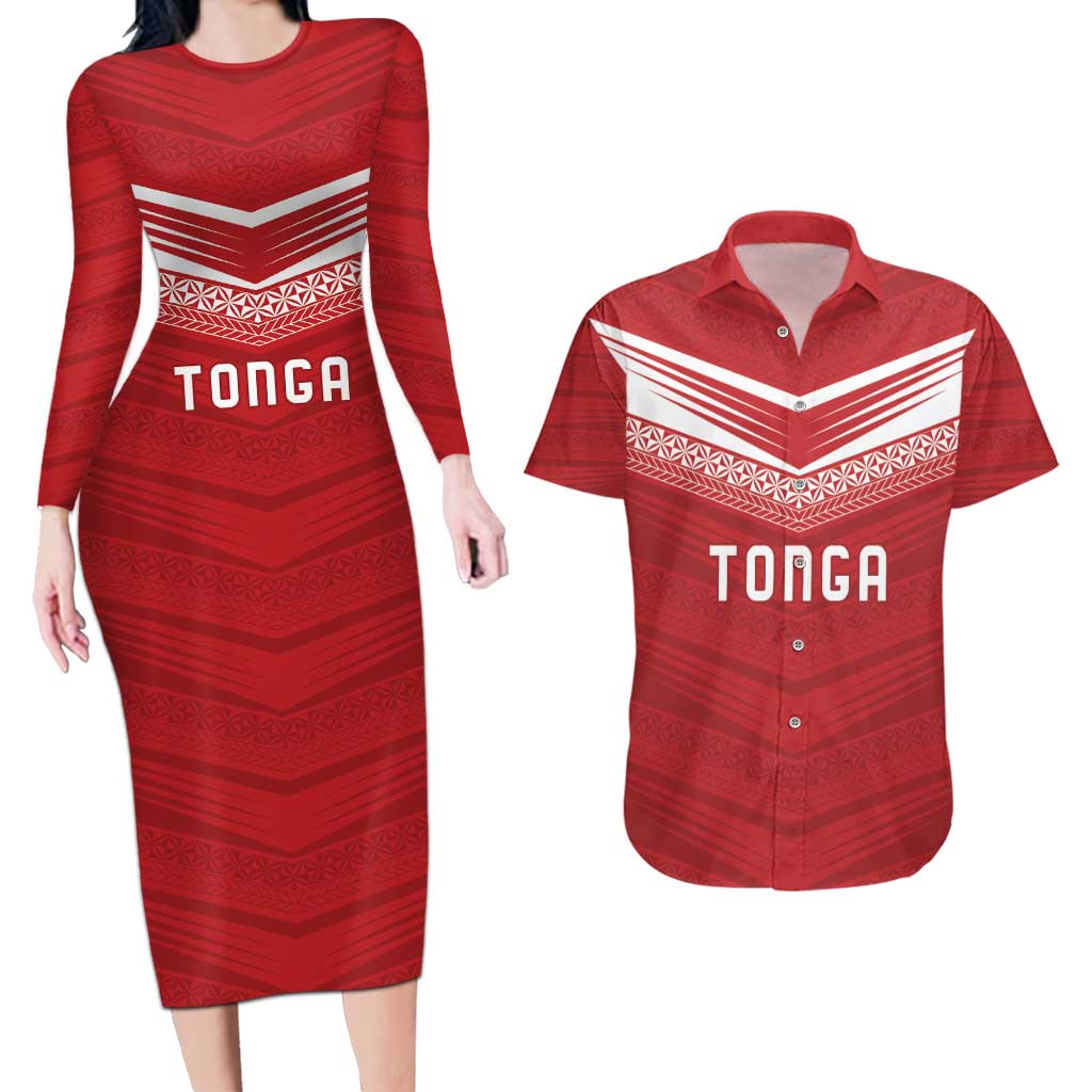 Custom Pacific Rugby Spirit Couples Matching Long Sleeve Bodycon Dress and Hawaiian Shirt Tonga Ngatu Pride Red Edition - Polynesian Pride