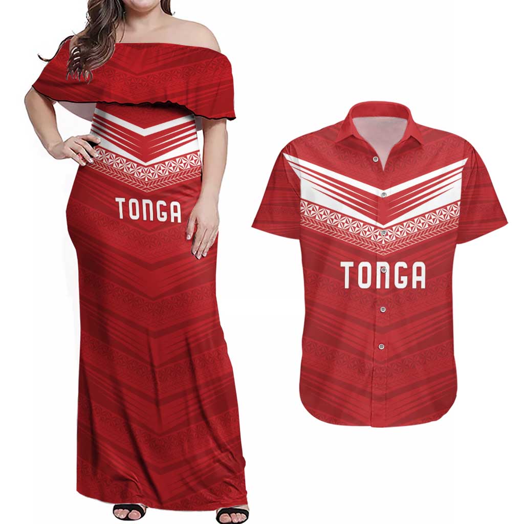Custom Pacific Rugby Spirit Couples Matching Off Shoulder Maxi Dress and Hawaiian Shirt Tonga Ngatu Pride Red Edition - Polynesian Pride