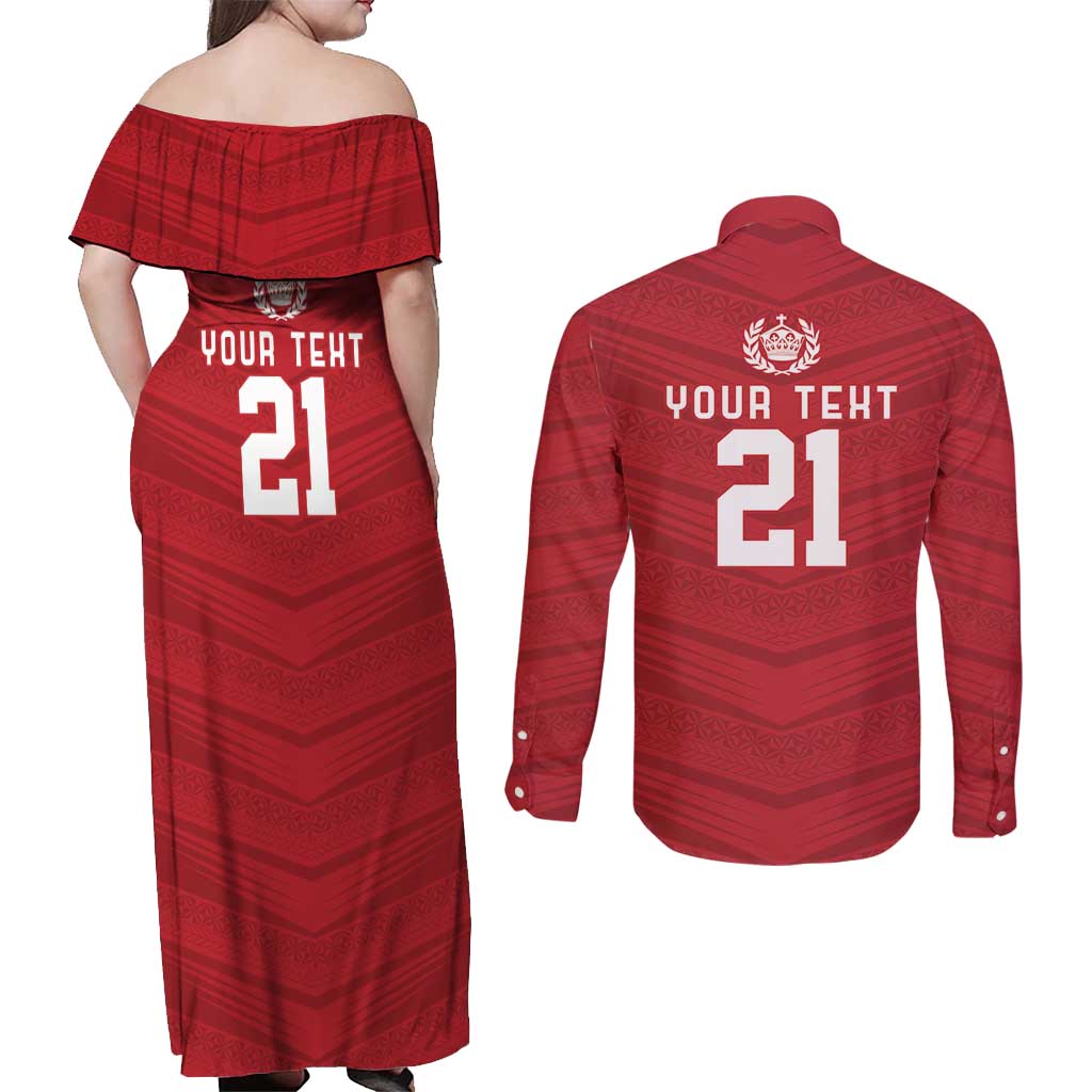 Custom Pacific Rugby Spirit Couples Matching Off Shoulder Maxi Dress and Long Sleeve Button Shirt Tonga Ngatu Pride Red Edition - Polynesian Pride