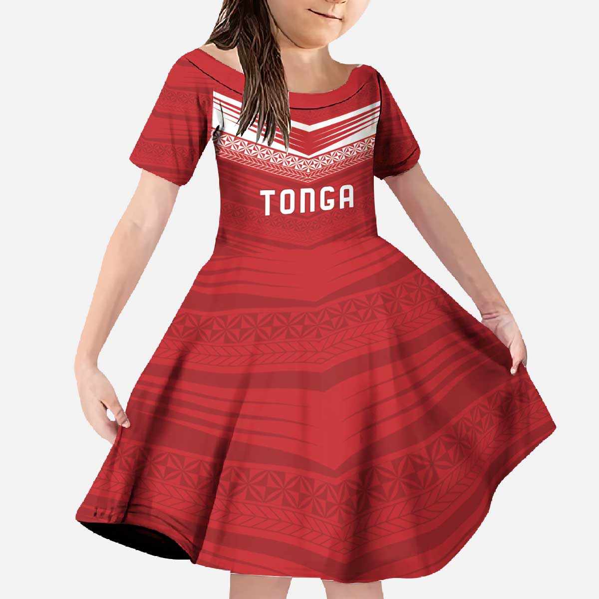 Custom Pacific Rugby Spirit Family Matching Off The Shoulder Long Sleeve Dress and Hawaiian Shirt Tonga Ngatu Pride Red Edition - Polynesian Pride
