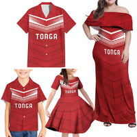 Custom Pacific Rugby Spirit Family Matching Off Shoulder Maxi Dress and Hawaiian Shirt Tonga Ngatu Pride Red Edition - Polynesian Pride