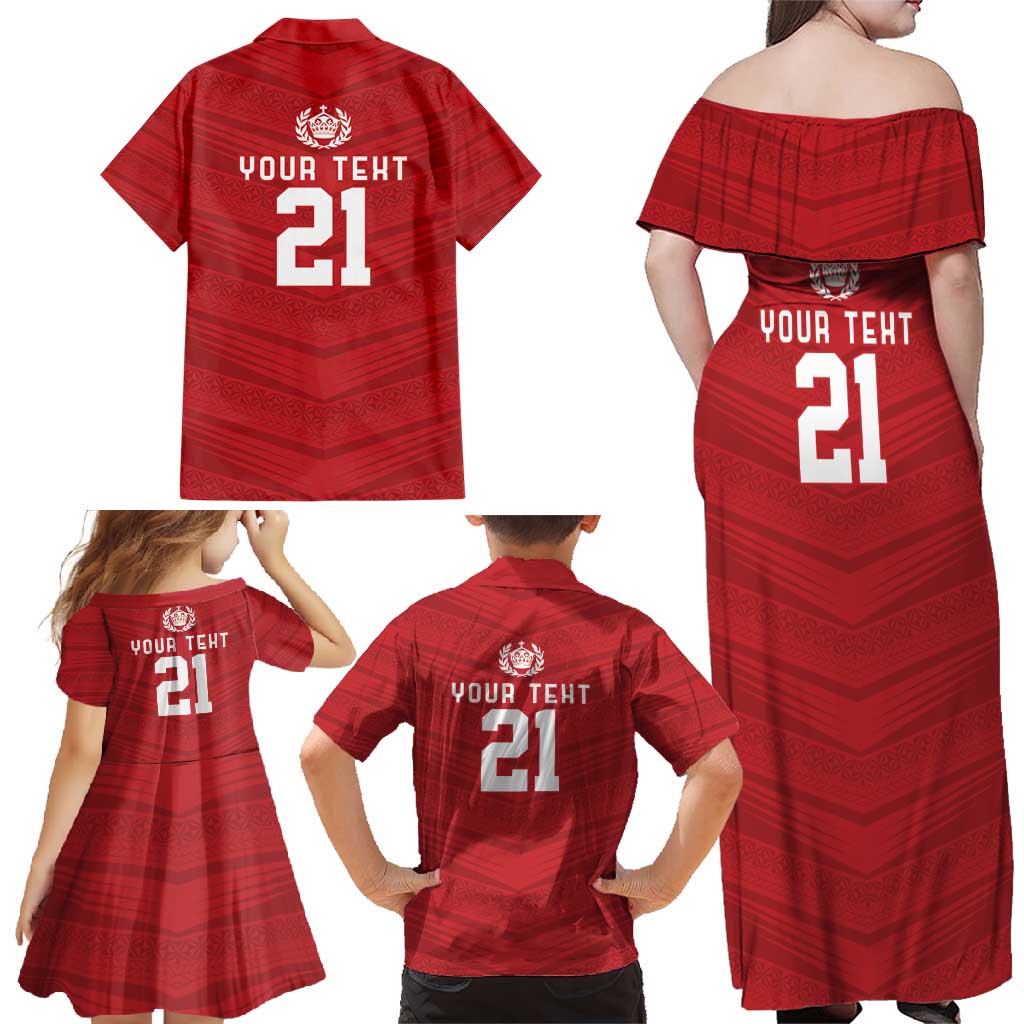 Custom Pacific Rugby Spirit Family Matching Off Shoulder Maxi Dress and Hawaiian Shirt Tonga Ngatu Pride Red Edition - Polynesian Pride