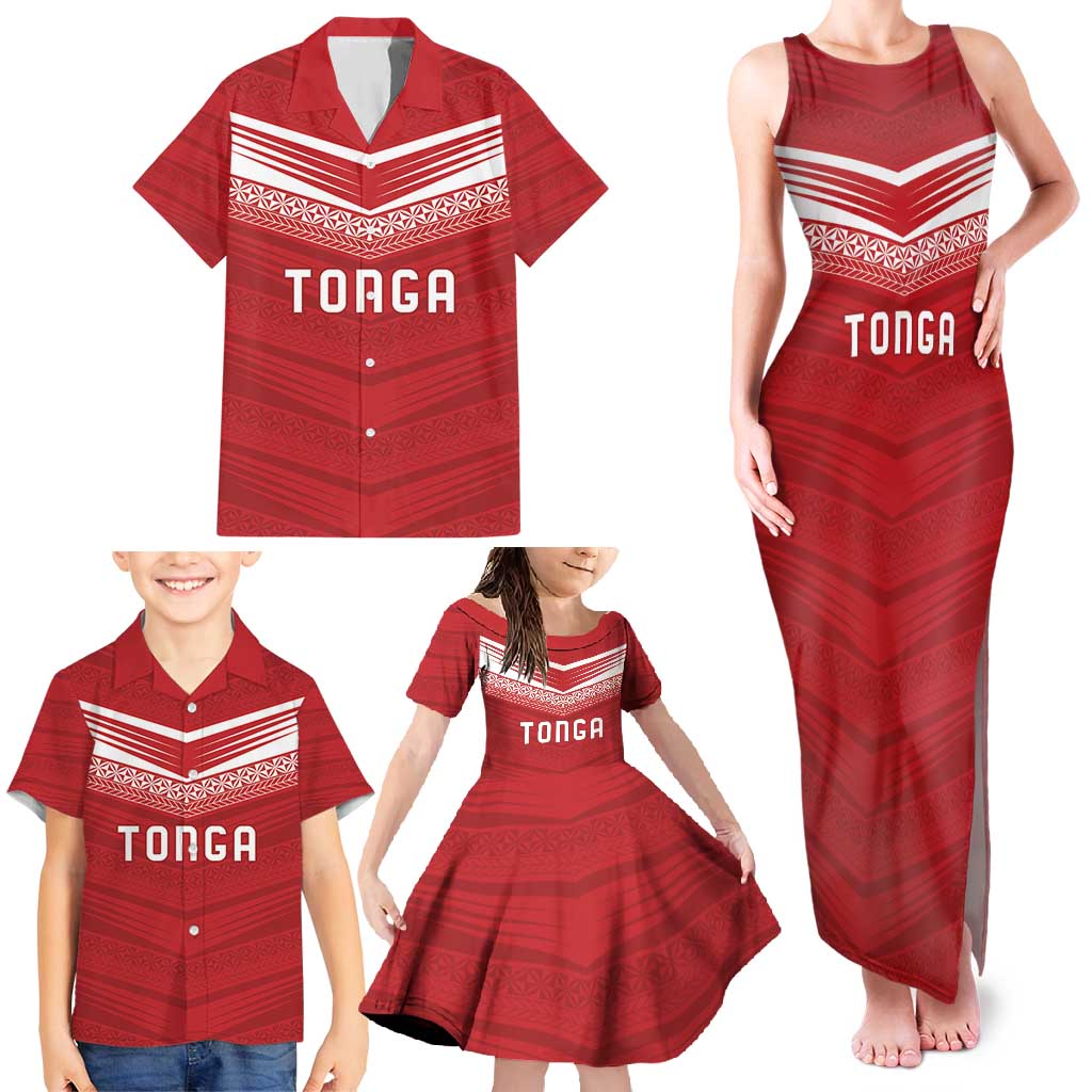 Custom Pacific Rugby Spirit Family Matching Tank Maxi Dress and Hawaiian Shirt Tonga Ngatu Pride Red Edition - Polynesian Pride