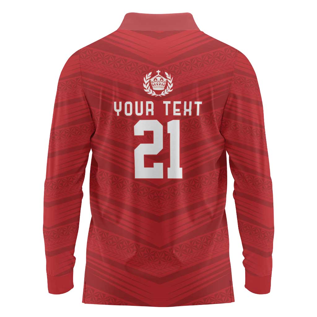 Custom Pacific Rugby Spirit Long Sleeve Polo Shirt Tonga Ngatu Pride Red Edition - Polynesian Pride