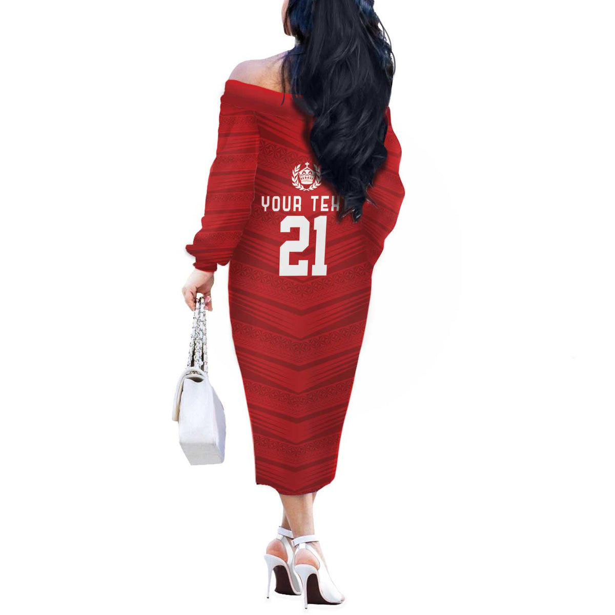 Custom Pacific Rugby Spirit Off The Shoulder Long Sleeve Dress Tonga Ngatu Pride Red Edition - Polynesian Pride