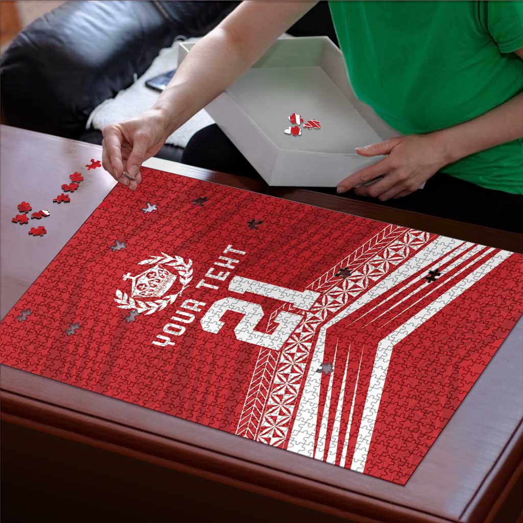 Custom Pacific Rugby Spirit Puzzle Tonga Ngatu Pride Red Edition - Polynesian Pride