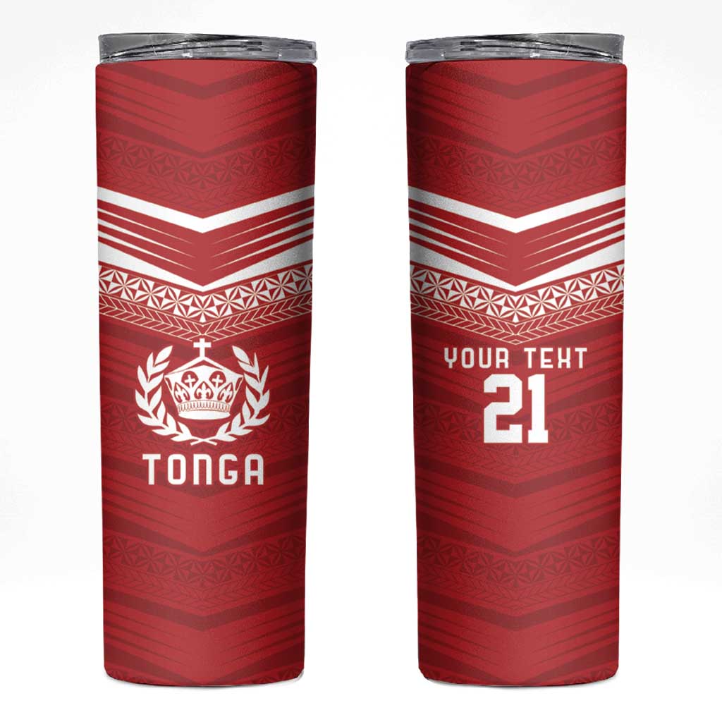 Custom Pacific Rugby Spirit Skinny Tumbler Tonga Ngatu Pride Red Edition - Polynesian Pride