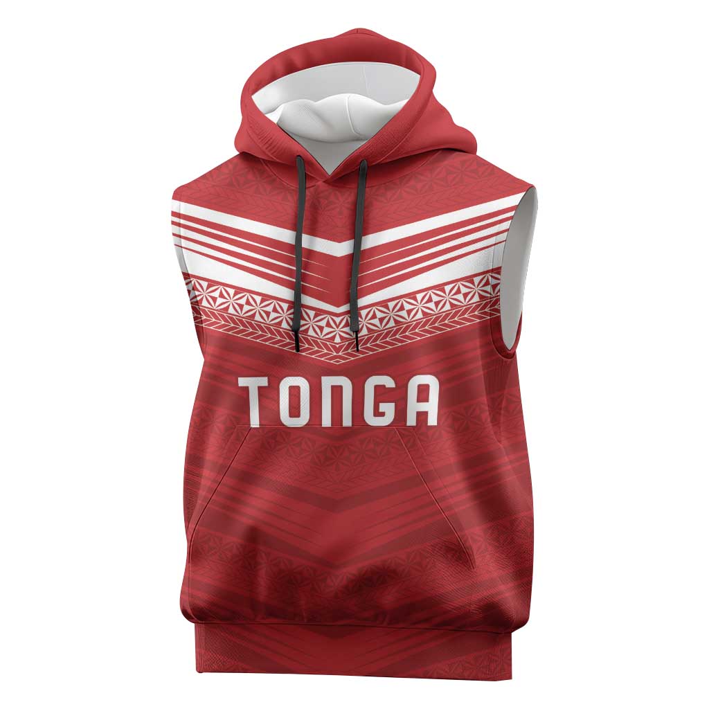 Custom Pacific Rugby Spirit Sleeveless Hoodie Tonga Ngatu Pride Red Edition - Polynesian Pride