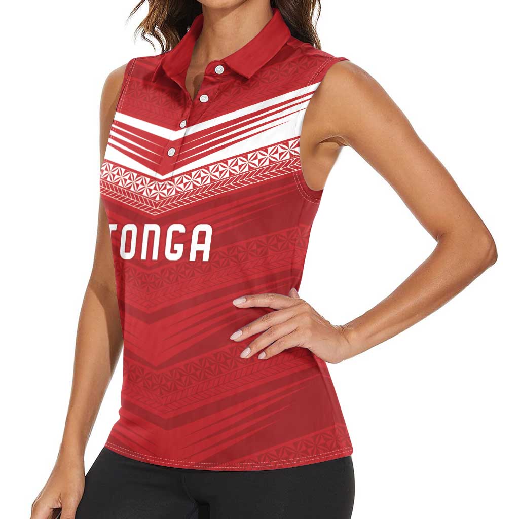 Custom Pacific Rugby Spirit Women Sleeveless Polo Shirt Tonga Ngatu Pride Red Edition - Polynesian Pride