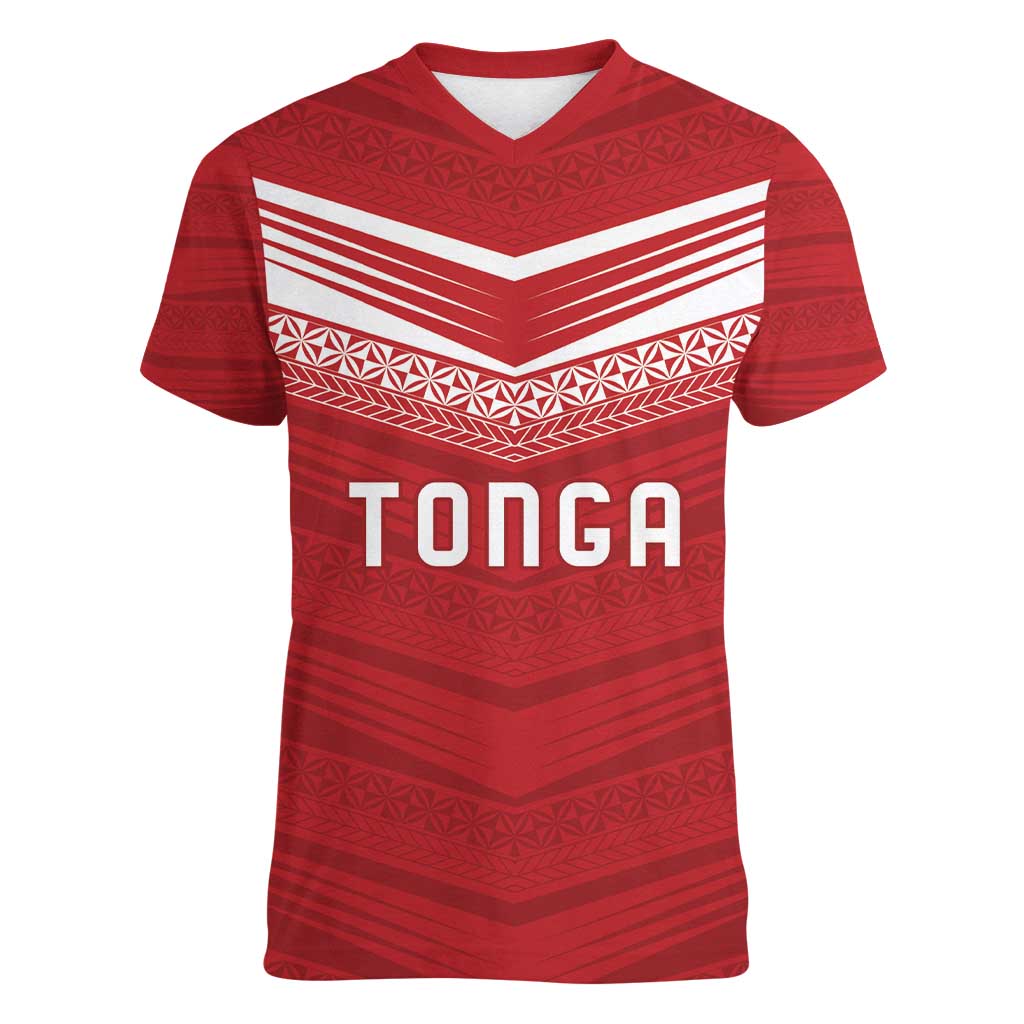 Custom Pacific Rugby Spirit Women V-Neck T-Shirt Tonga Ngatu Pride Red Edition - Polynesian Pride