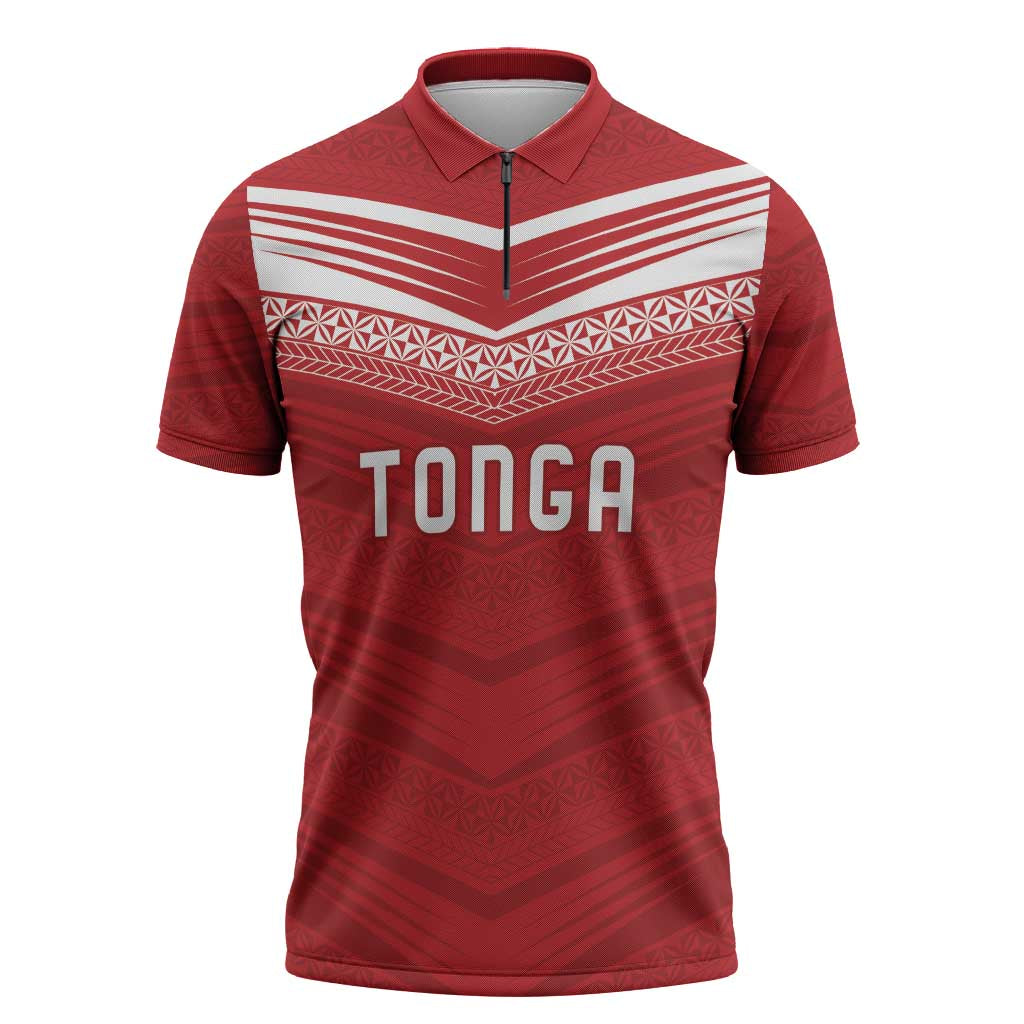 Custom Pacific Rugby Spirit Zipper Polo Shirt Tonga Ngatu Pride Red Edition - Polynesian Pride