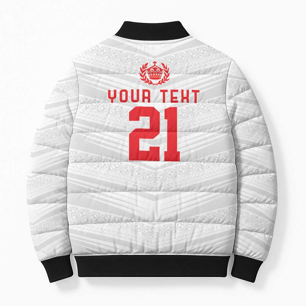 Custom Pacific Rugby Spirit Bomber Puffer Jacket Tonga Ngatu Pride White Edition - Polynesian Pride