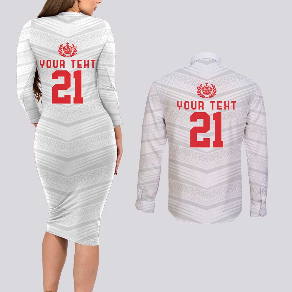 Custom Pacific Rugby Spirit Couples Matching Long Sleeve Bodycon Dress and Long Sleeve Button Shirt Tonga Ngatu Pride White Edition - Polynesian Pride