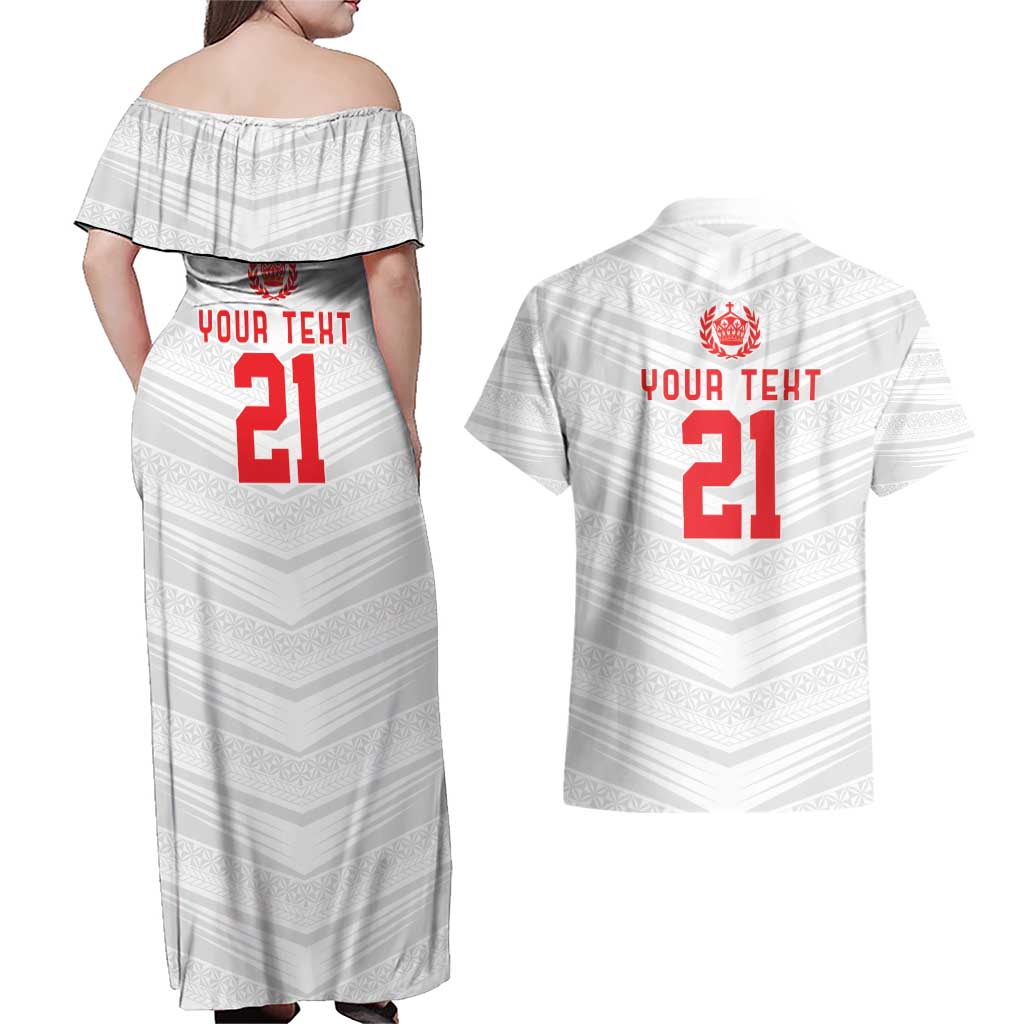 Custom Pacific Rugby Spirit Couples Matching Off Shoulder Maxi Dress and Hawaiian Shirt Tonga Ngatu Pride White Edition - Polynesian Pride