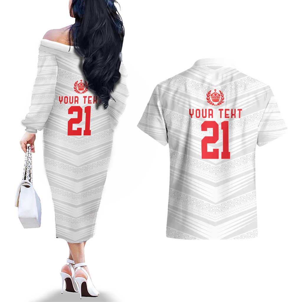 Custom Pacific Rugby Spirit Couples Matching Off The Shoulder Long Sleeve Dress and Hawaiian Shirt Tonga Ngatu Pride White Edition - Polynesian Pride