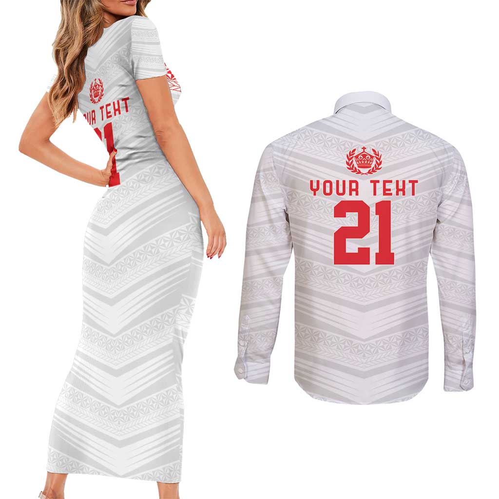 Custom Pacific Rugby Spirit Couples Matching Short Sleeve Bodycon Dress and Long Sleeve Button Shirt Tonga Ngatu Pride White Edition - Polynesian Pride