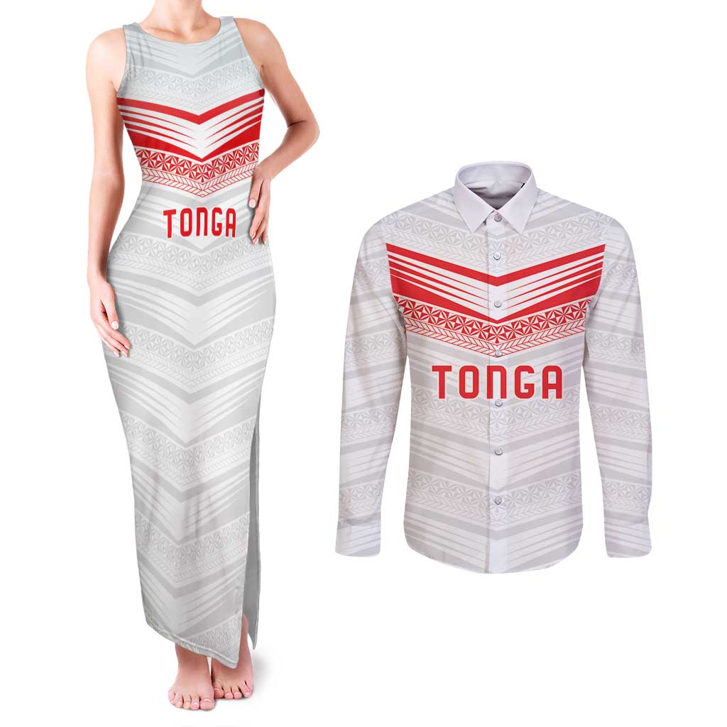 Custom Pacific Rugby Spirit Couples Matching Tank Maxi Dress and Long Sleeve Button Shirt Tonga Ngatu Pride White Edition - Polynesian Pride