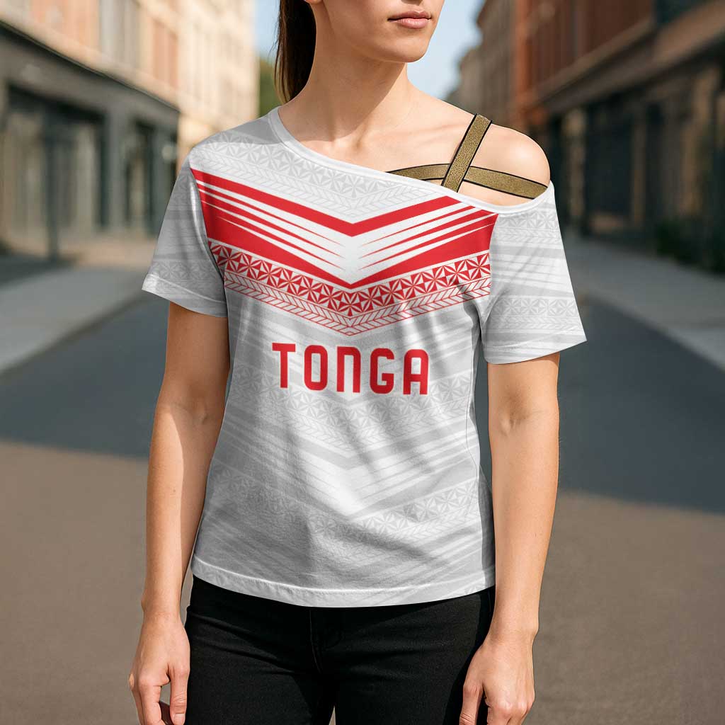 Custom Pacific Rugby Spirit Cross Shoulder Shirt Tonga Ngatu Pride White Edition - Polynesian Pride