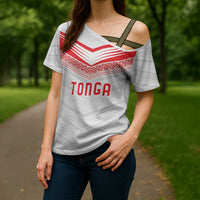 Custom Pacific Rugby Spirit Cross Shoulder Shirt Tonga Ngatu Pride White Edition - Polynesian Pride