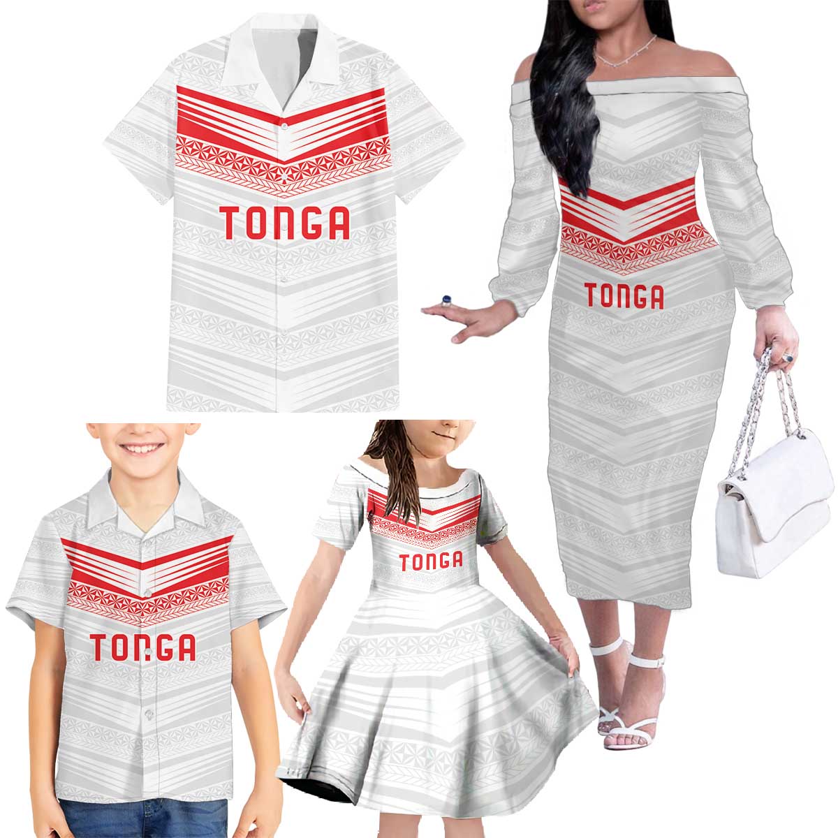 Custom Pacific Rugby Spirit Family Matching Off The Shoulder Long Sleeve Dress and Hawaiian Shirt Tonga Ngatu Pride White Edition - Polynesian Pride