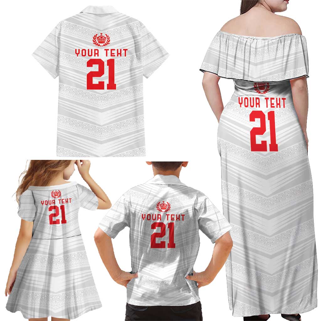 Custom Pacific Rugby Spirit Family Matching Off Shoulder Maxi Dress and Hawaiian Shirt Tonga Ngatu Pride White Edition - Polynesian Pride