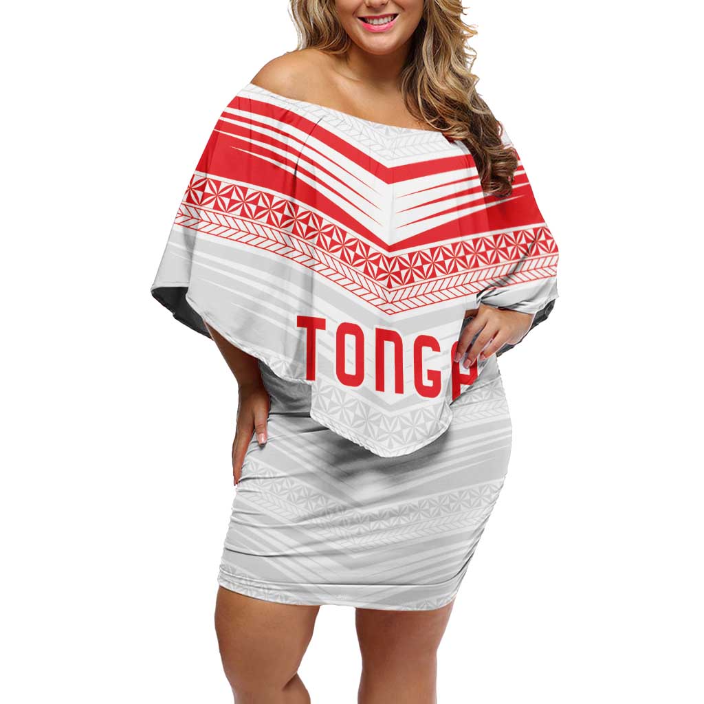 Custom Pacific Rugby Spirit Family Matching Off Shoulder Short Dress and Hawaiian Shirt Tonga Ngatu Pride White Edition - Polynesian Pride