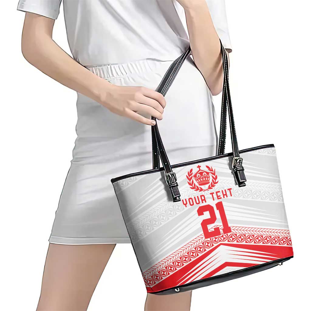 Custom Pacific Rugby Spirit Leather Tote Bag Tonga Ngatu Pride White Edition - Polynesian Pride