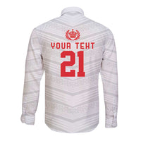 Custom Pacific Rugby Spirit Long Sleeve Button Shirt Tonga Ngatu Pride White Edition - Polynesian Pride