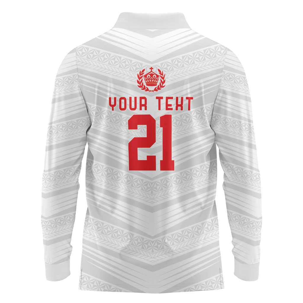 Custom Pacific Rugby Spirit Long Sleeve Polo Shirt Tonga Ngatu Pride White Edition - Polynesian Pride