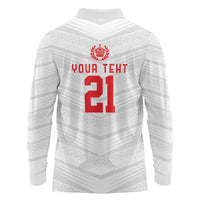Custom Pacific Rugby Spirit Long Sleeve Polo Shirt Tonga Ngatu Pride White Edition - Polynesian Pride