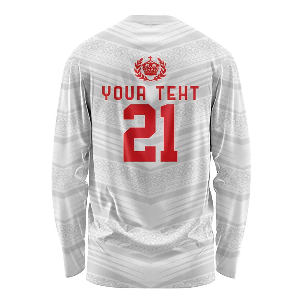 Custom Pacific Rugby Spirit Long Sleeve Shirt Tonga Ngatu Pride White Edition - Polynesian Pride