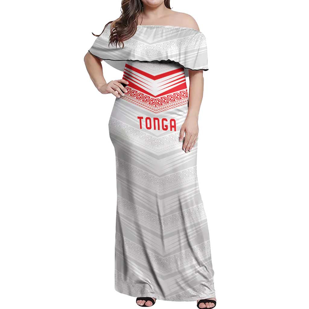 Custom Pacific Rugby Spirit Off Shoulder Maxi Dress Tonga Ngatu Pride White Edition - Polynesian Pride