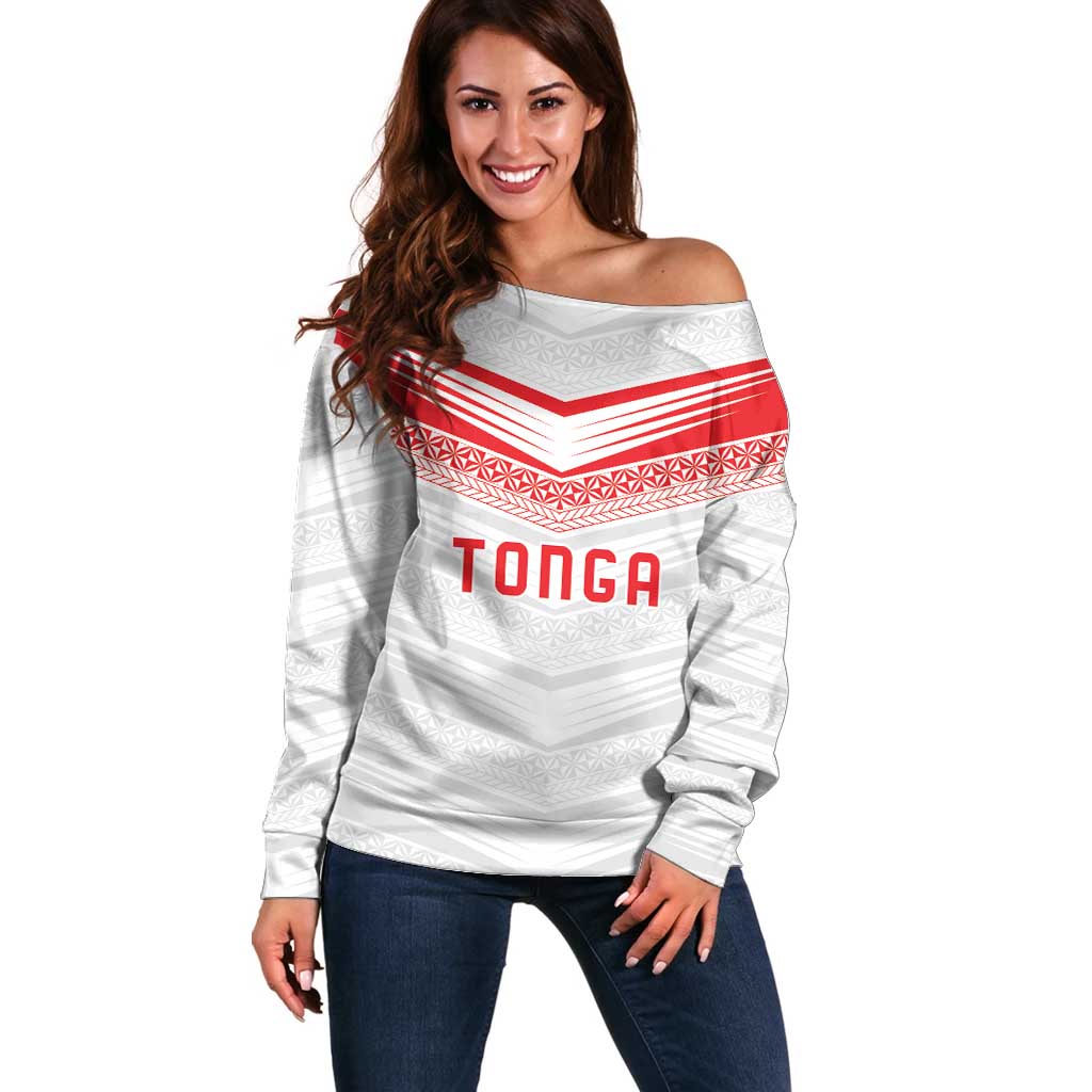 Custom Pacific Rugby Spirit Off Shoulder Sweater Tonga Ngatu Pride White Edition - Polynesian Pride