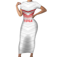 Custom Pacific Rugby Spirit Short Sleeve Bodycon Dress Tonga Ngatu Pride White Edition - Polynesian Pride