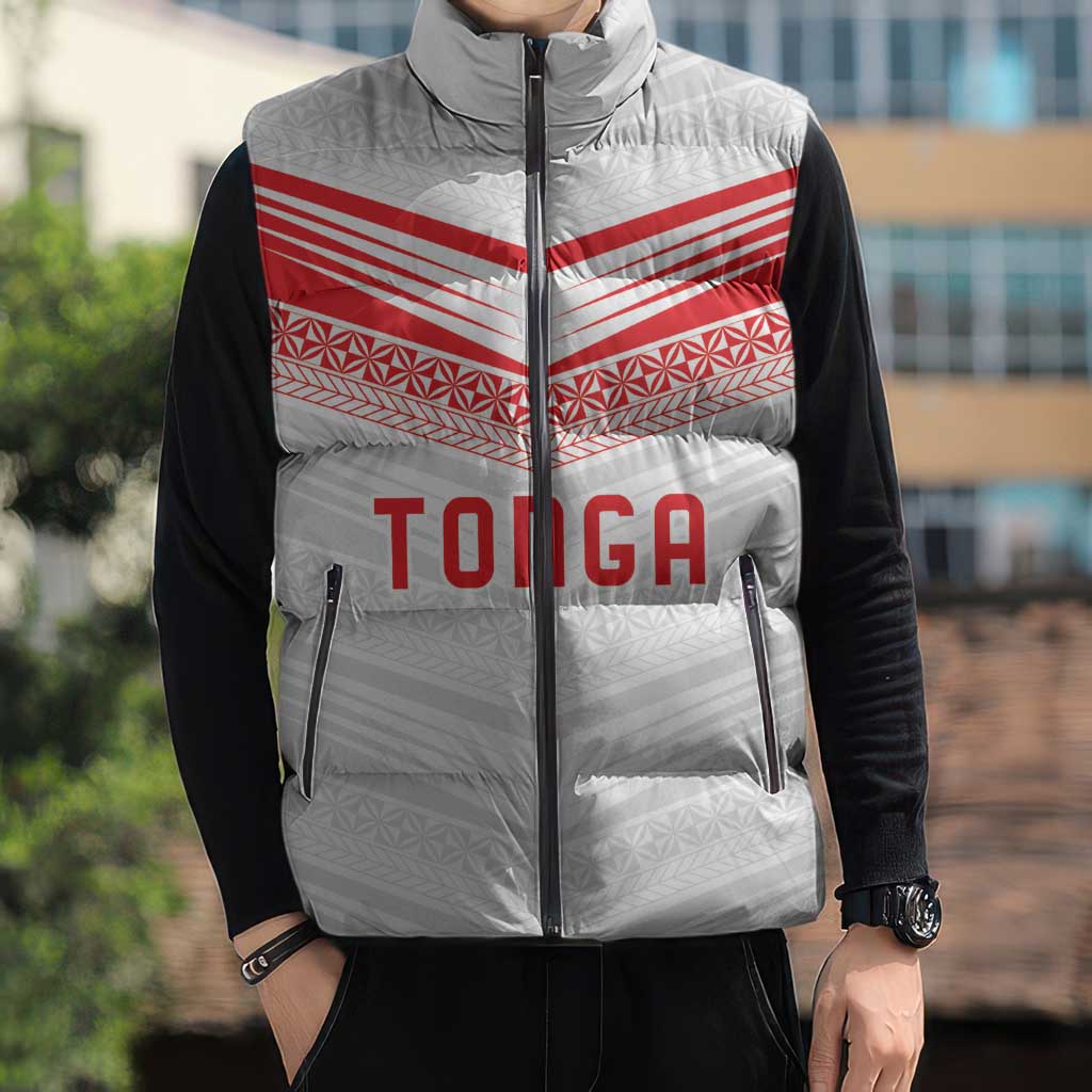Custom Pacific Rugby Spirit Sleeveless Puffer Jacket Tonga Ngatu Pride White Edition - Polynesian Pride