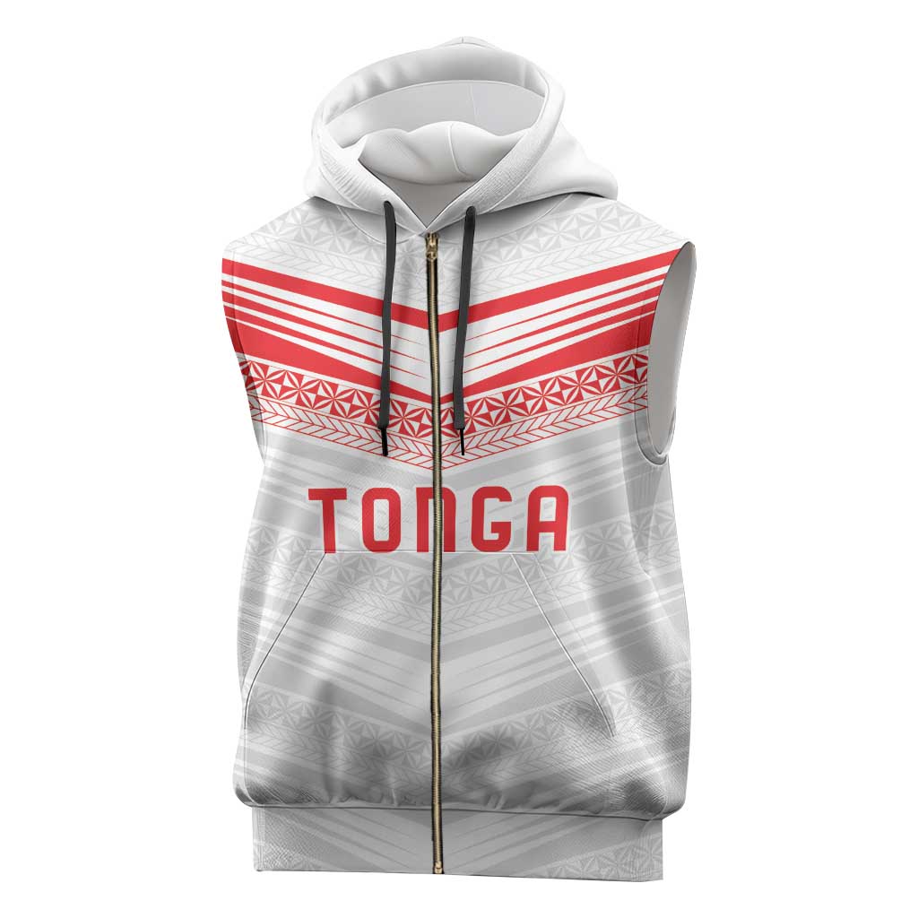 Custom Pacific Rugby Spirit Sleeveless Zip Hoodie Tonga Ngatu Pride White Edition - Polynesian Pride