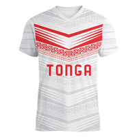 Custom Pacific Rugby Spirit Women V-Neck T-Shirt Tonga Ngatu Pride White Edition - Polynesian Pride