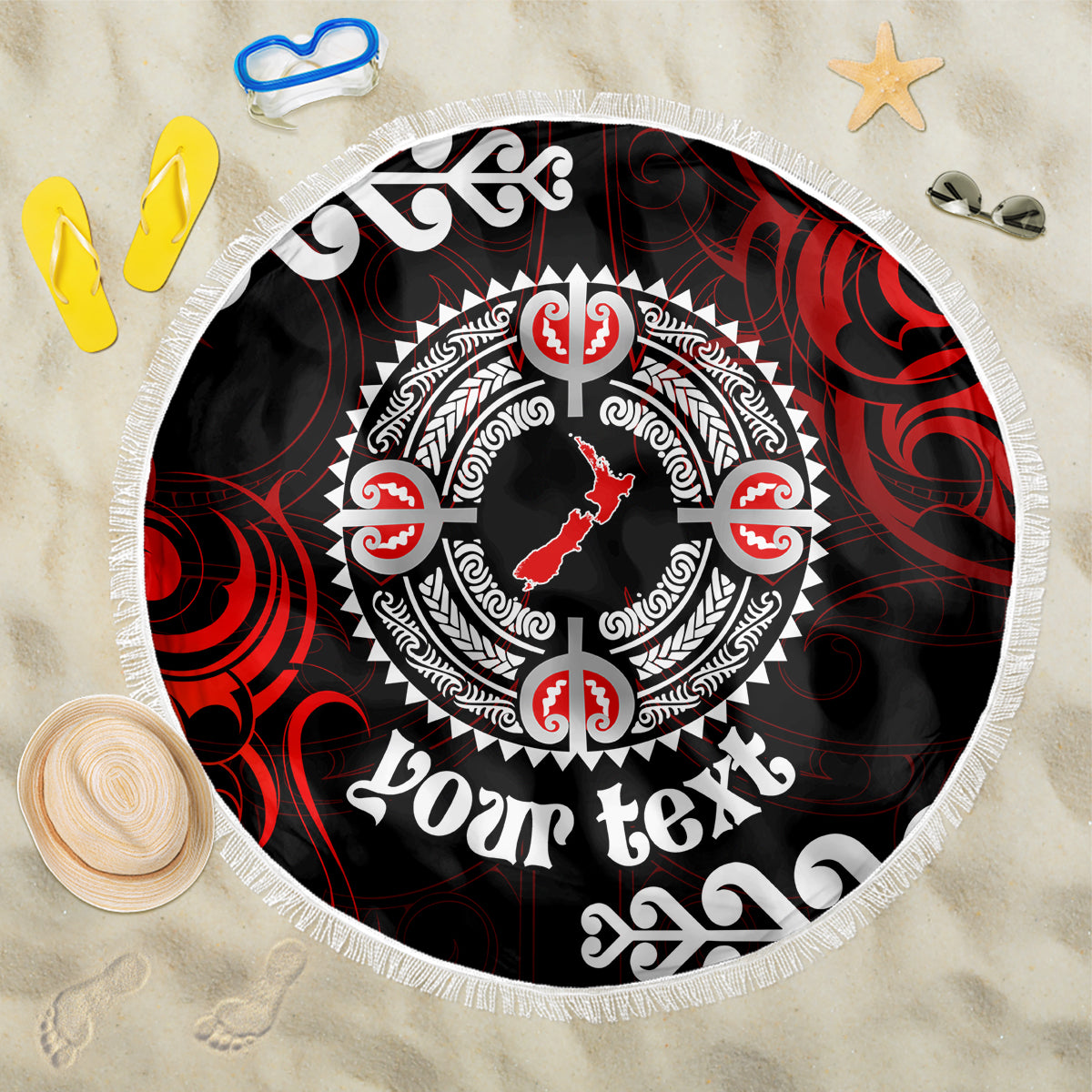 New Zealand Waitangi Day Personalised Beach Blanket Aotearoa Te Ra O Waitangi With Maori Tattoo LT9 One Size 150cm Red - Polynesian Pride