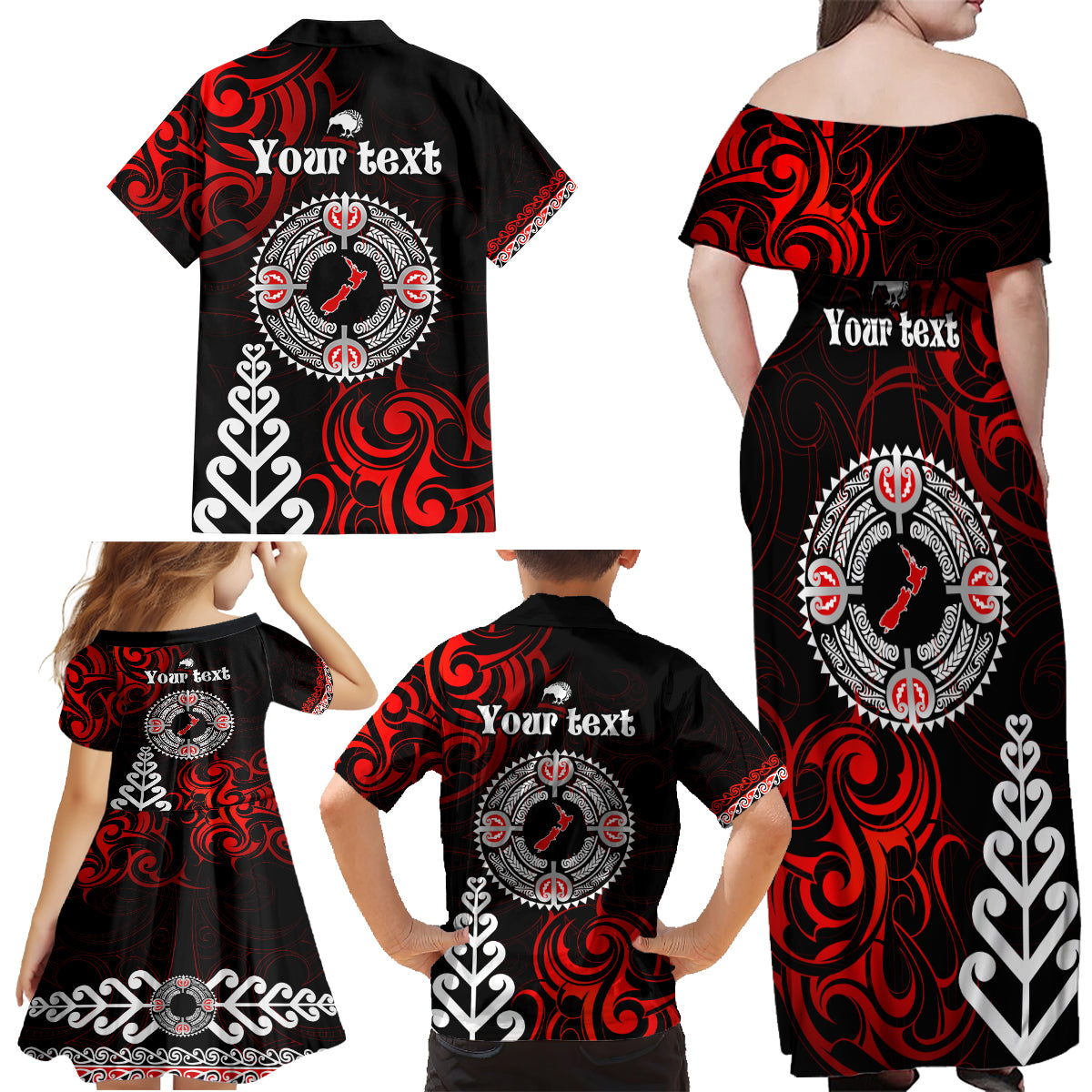 New Zealand Waitangi Day Personalised Family Matching Off Shoulder Maxi Dress and Hawaiian Shirt Aotearoa Te Ra O Waitangi With Maori Tattoo LT9 - Polynesian Pride