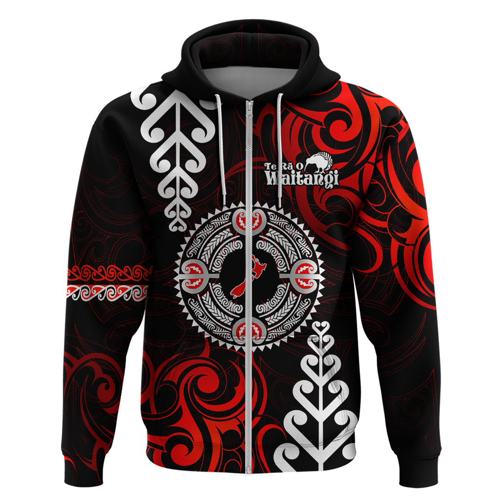 New Zealand Waitangi Day Personalised Hoodie Aotearoa Te Ra O Waitangi With Maori Tattoo LT9 Zip Hoodie Red - Polynesian Pride