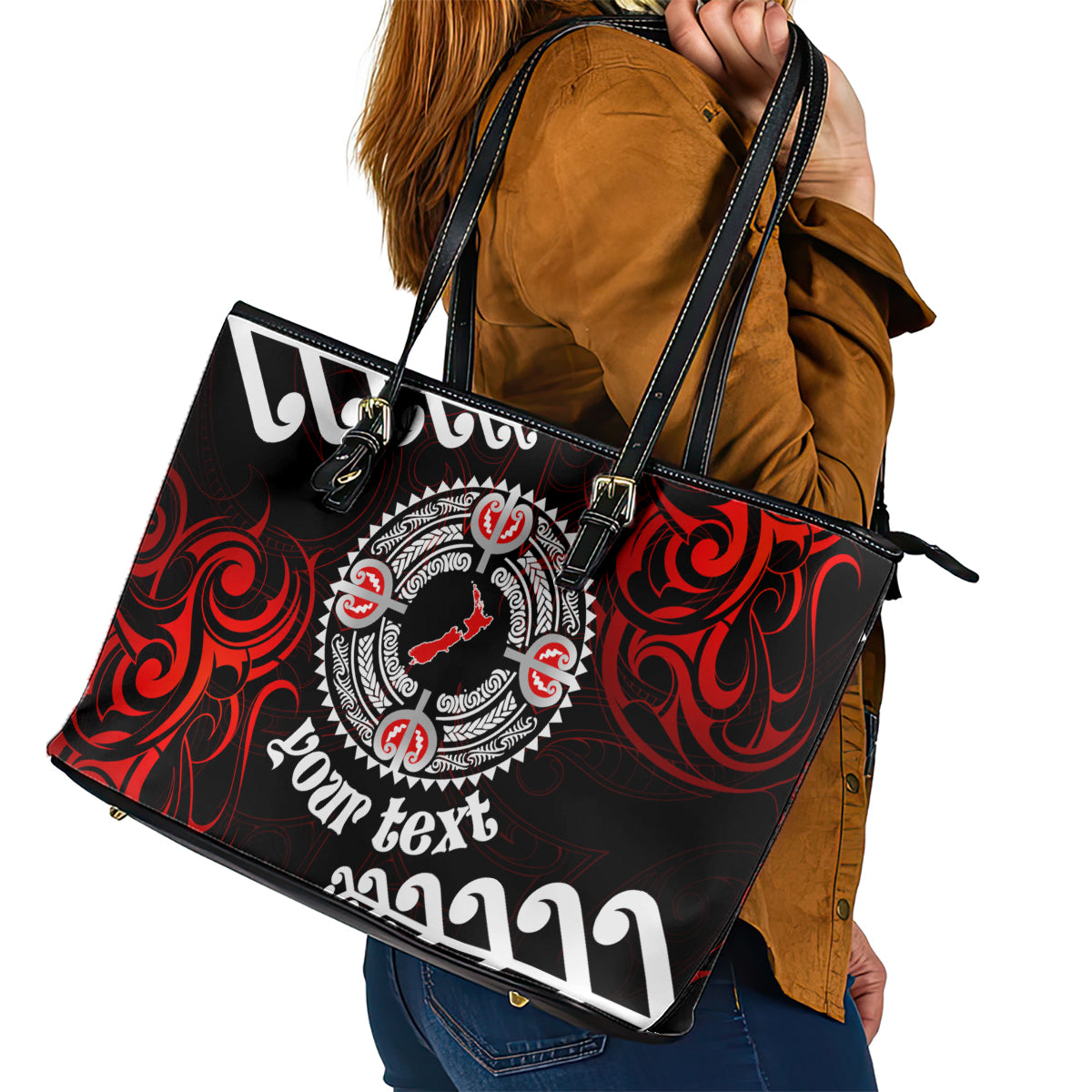 New Zealand Waitangi Day Personalised Leather Tote Bag Aotearoa Te Ra O Waitangi With Maori Tattoo LT9 - Polynesian Pride