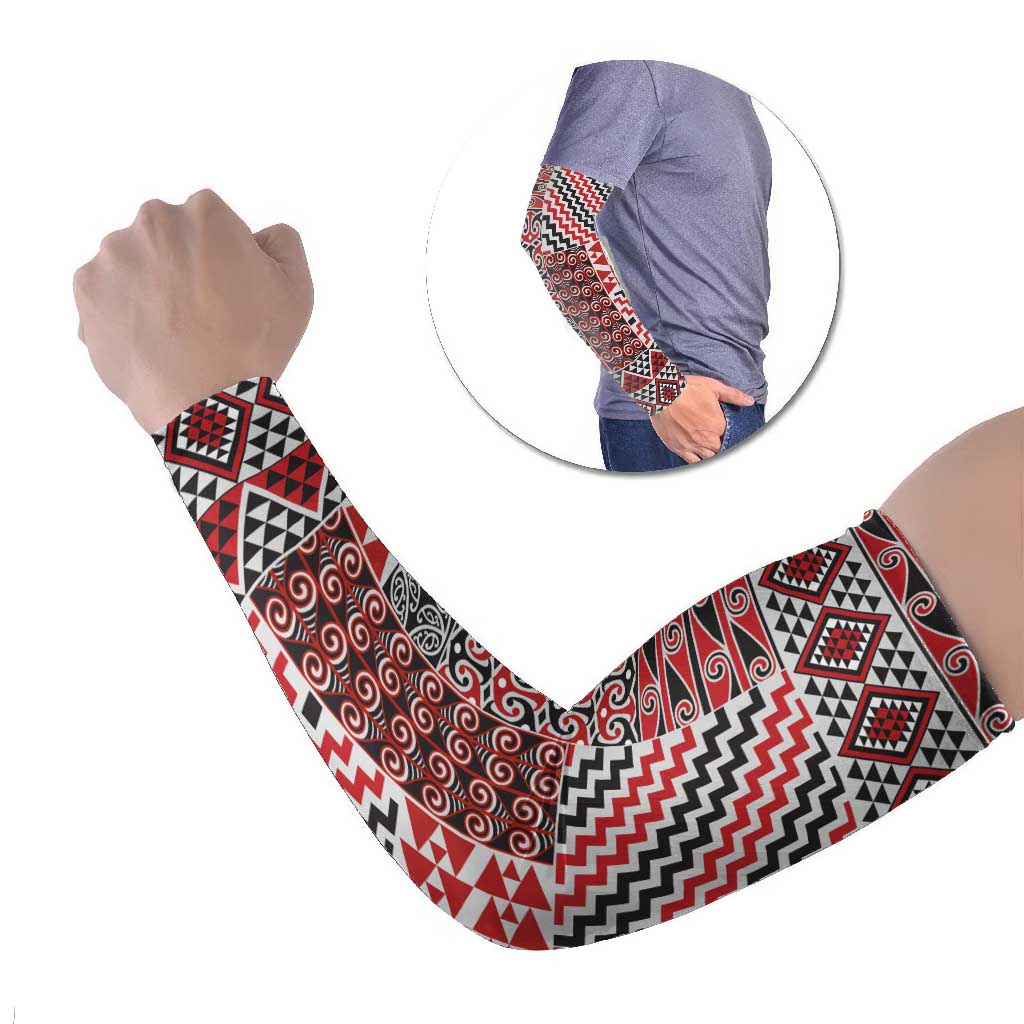 Aotearoa Kowhaiwhai Taniko Patchwork Motifs Arm Sleeves LT9 Set of 2 Red - Polynesian Pride